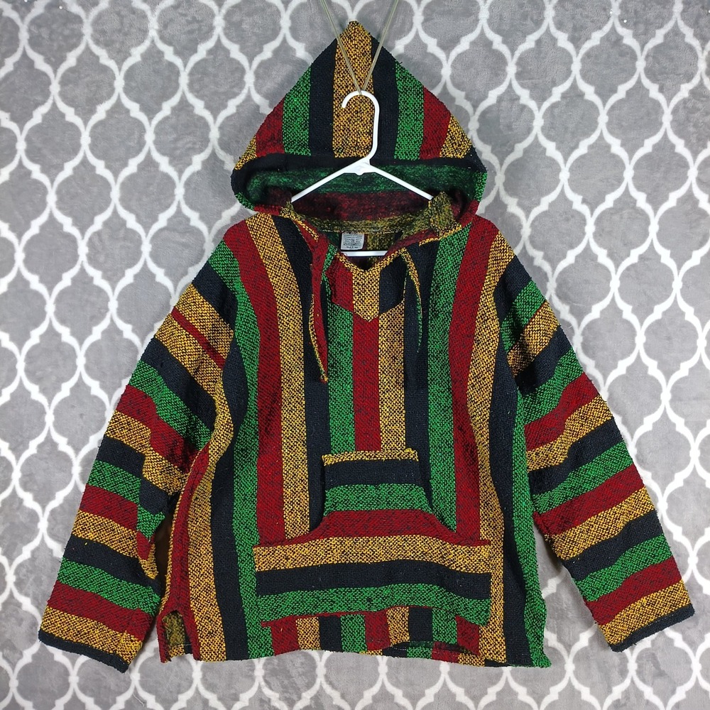 San Jose Baja Hoodie Men Large Rasta Reggae Striped Woven Pullover Bob Marley